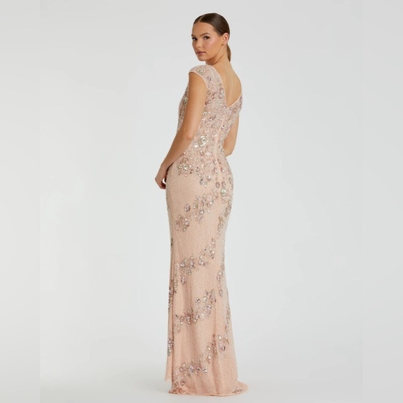 MAC DUGGAL Pink Embellished Bateau Neck Cap Sleeve Floral Beaded Trumpet Gown 2 - Picture 2 of 15